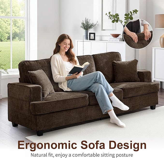 Sofa Couch for Living Room Modern Loveseat with Comfy Deep Seat Comfortable Mid-Century 3-Seater Couch for Bedroom Home Apartment Office Lounge Brown