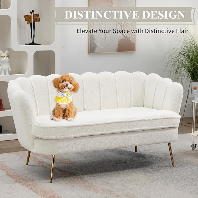 59 Wide Loveseat Sofa Boucle Upholstered Small Couch with Petal-Shaped Design Modern Leisure Sofa with Gold Metal Legs Mini Room Couch for Bedroom Apartment (Ivory-Boucle)