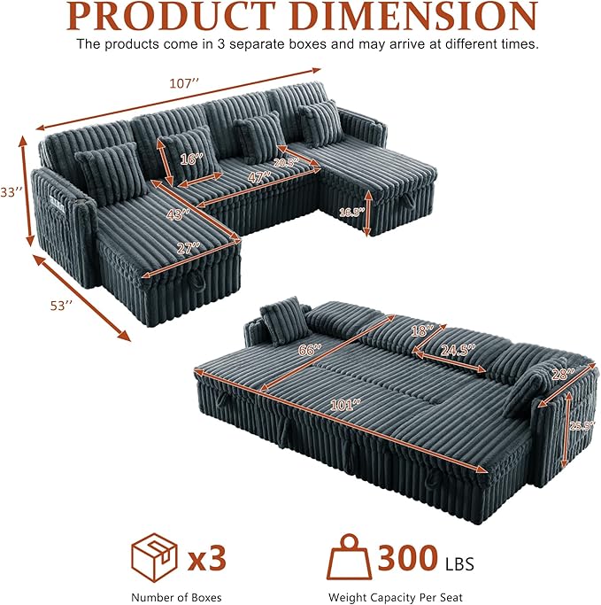 107 Sectional Sleeper Sofa with Pull Out Bed Comfy Fluffy Plush Corduroy Cloud Sectional Couches for Living Room U Shaped Modular Couch with Storage Chaise Cup Holder &amp USB Charger Dark Grey