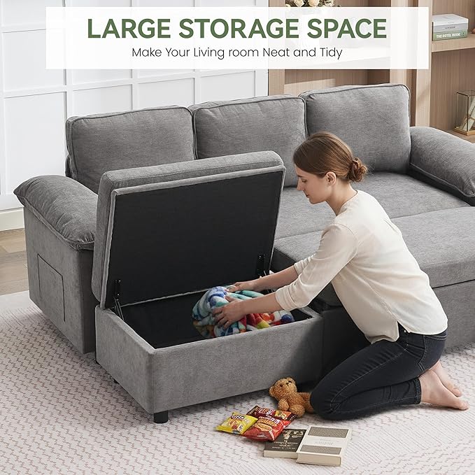 30 Storage Ottoman with Seating for Modular Sectional Sofa Chenille Upholstered Rectangular Ottoman Bench with Safety Hinge for Couch Living Room Bedroom Office Apartment Light Grey