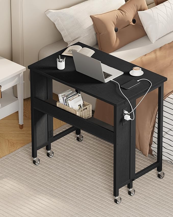 31.5 Modern Folding Computer Desk with Power Outlets Wheels Storage Perfect for Small Spaces Black TDN01UBB