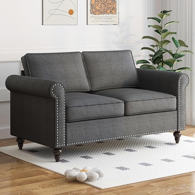 Loveseat Sofa Couches for Living Room 2 Sofa Seat for Small Spaces Mid Century Modern Couch with Armrest and Backrest Soft Cushion Sofa for Home/Office/Apartment - Dark Grey