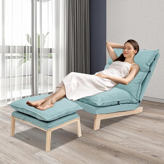Modern Sofa Bed Chair with Ottoman 5-Position Adjustable Recliner Lounge - Accent Reading Chair for Bedroom Living Room Balcony - 330lbs Capacity (Green)