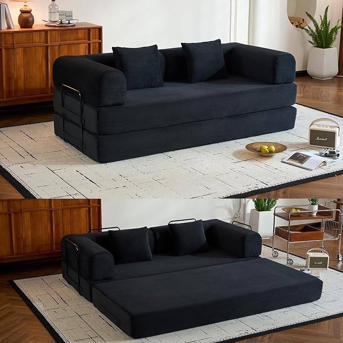 Convertible Sleeper Sofa Bed with Fixed-Shape Frame Corduroy Folding Boneless Couch with Cylindrical Pillow Comfy Floor Sofa Couch for Living Room No Assembly Required Black