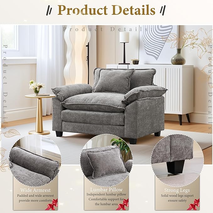 URRED Cloud Couch Accent Chair Oversized Chenille Armchair with Deep Wide Seat and Upholstered Armrests Grey – Modern Lounge Chair for Bedroom or Living Room