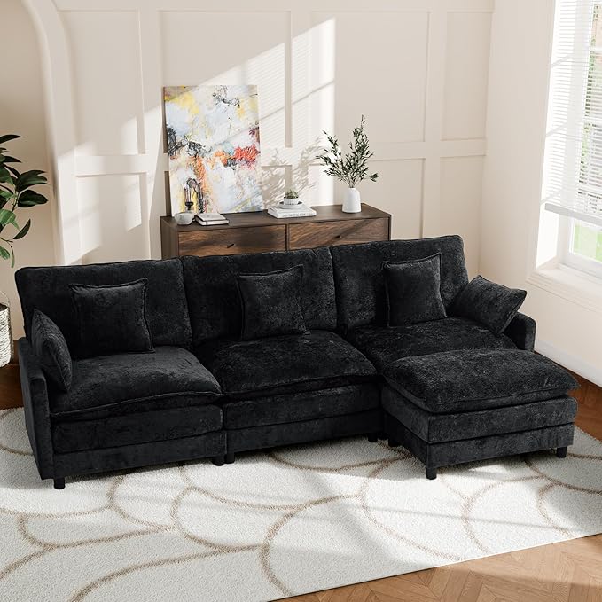 113'' L Shaped Cloud Couch 4-Seater Modular Sectional Sofa with Double Layer Upholstered Seat Cushion Chenille Deep Seat Couches with Ottoman &amp Pillows for Living Room &amp Apartment Black