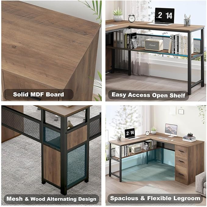 LVB Wood L Shaped Desk Large Computer Office Desk with File Cabinets Reversible Executive L Shape Gaming Desk with Drawers Metal Wooden Corner Desk Table with with Storage Shelf Rustic Oak 59 Inch