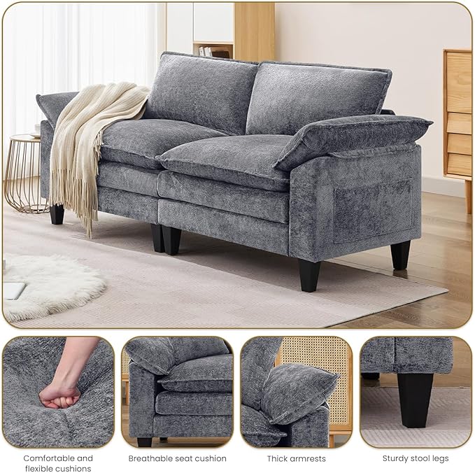83 Cloud Loveseat Sofa Modern Down Comfy for Living Room Loveseat Sofa with Chenille Fabric and Double Cushion Love Seat Deep Seat Oversized Seats with 2 Pillows for Bedroom Grey