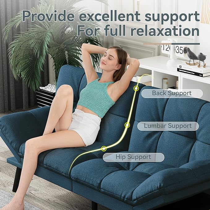 Futon Sofa Bed Convertible Couch Blue Linen Sofa Bed with Memory Foam Adjustable Backrest &amp Armrests Multifunctional Small Loveseat Sleeper Sofa for Living Room Apartment Office