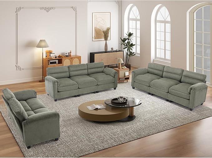 Corduroy Sofa Set Upholstered Loveseat Man and 3-Seater Couch Set of 2 with Plush Cushions and Rolled Arms Modern Living Room Furniture SetsGreen