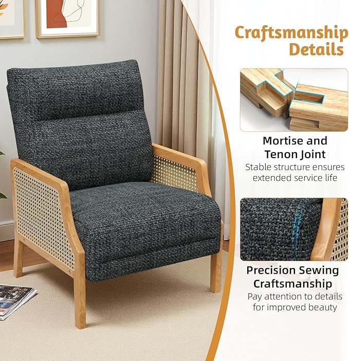 Accent Chair Set of 2 with Rattan Armrest Armchair with Breathable Linen Fabric Upholstered Arm Chair for Living Room Bedroom Dark Gray