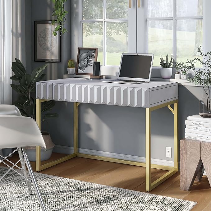 24/7 Shop at Home Bellevue Modern Metal 1 Drawer Writing Desk with USB Port Power Outlet for Workstation Home Office Study Room Antique White and Gold