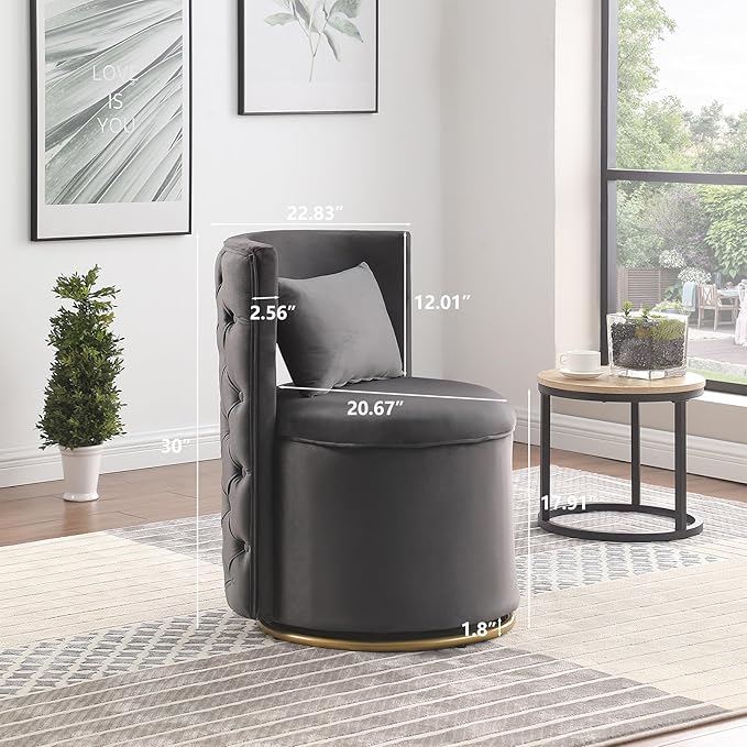 360° Swivel Accent Chair Velvet Chair with Storage Function Curved Chair with Gold Metal Base Accent Chair for Living Room Bedroom Home OfficeApartment-Grey