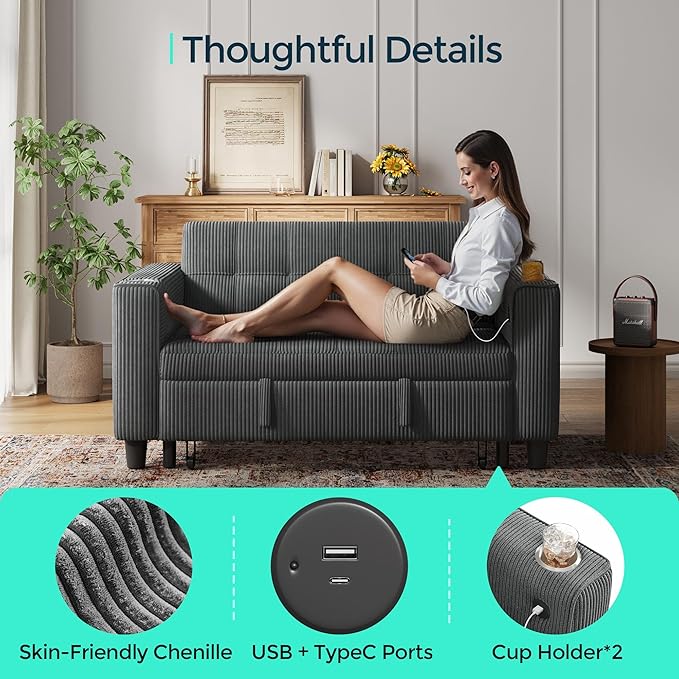 LINSY Sleeper Sofa Bed 54 Pull Out Couch with Charging Station &amp Cup Holder Small 3 in 1 Convertible Loveseat Sleeper Couch for Apartment Dorm Room Bedroom and Small Space Corduroy Gray