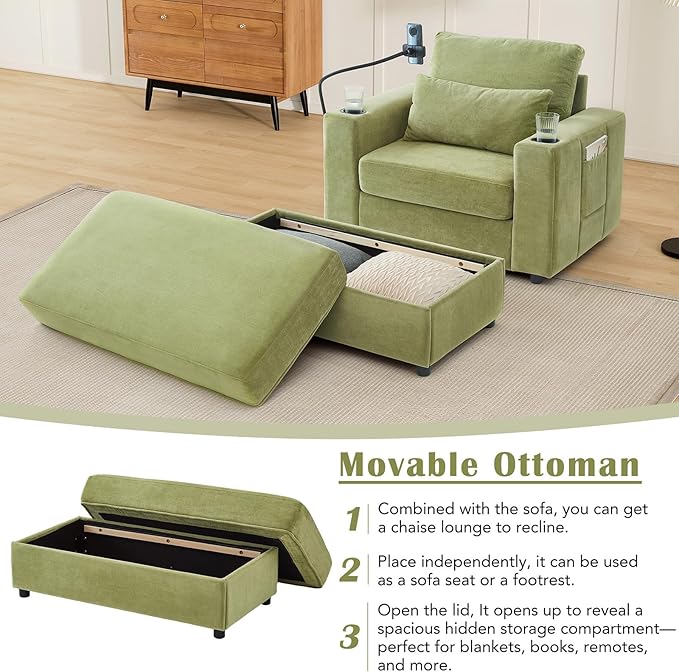 42.5 Oversized Armchair with Ottoman Storage Overstuffed Chair and a Half with Cup Holders &amp USB Port Chenille Accent Chairs for Bedroom Living Room Reading Phone Holder Side Pocket (Green)