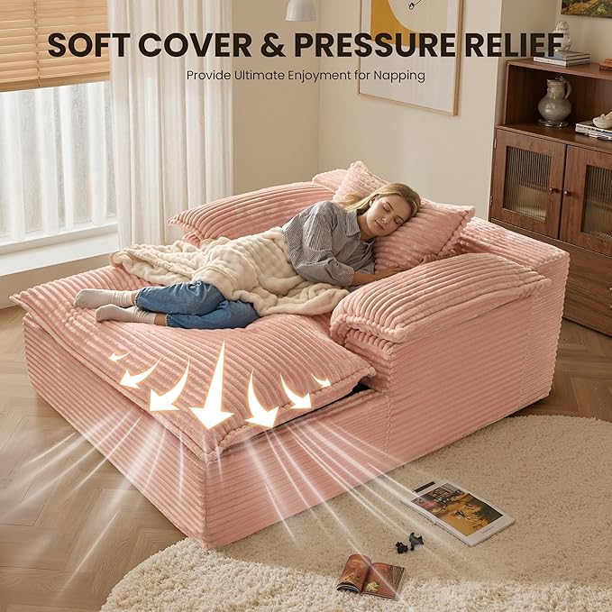 Chaise Lounge Chair Indoor Oversized Sleeping Couch 67L *53W Assembly Free Modern Minimalist Sofa With Comfy Curved Armrest Extra Deep Large Single Sofa for Living Room(Pink Plush Fabric)