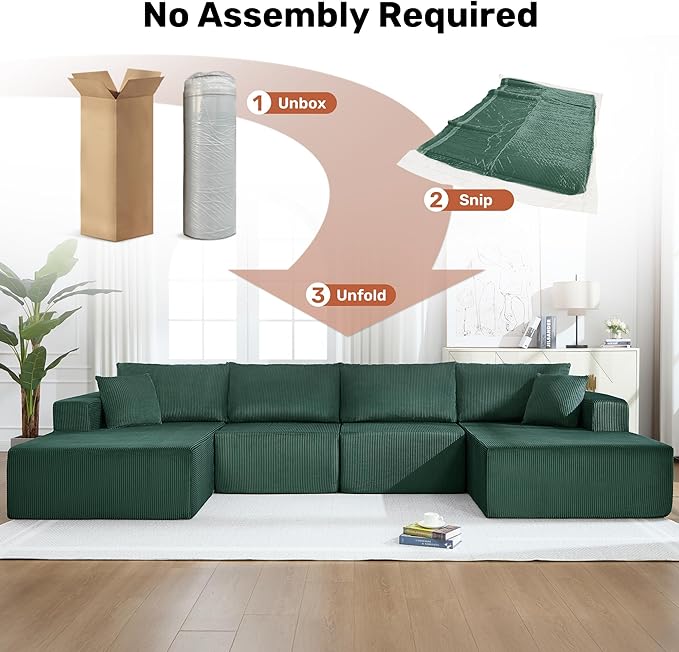 Modular Sectional Sofa146 U-Shaped Boneless Sofa for Living RoomOversized 4-Seater Deep Seat Cloud CouchesCorduroy Upholstered Corner Sofa CouchNo Assembly RequiredGreen