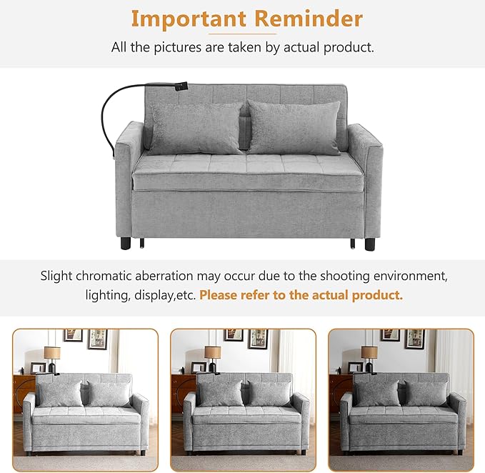 56.9 Loveseat Pull-Out Sofa Bed Chenille Sleeper Sofa Couch with a Reversible Backrest Cushion Side Pockets Two USB Ports and a Phone Holder for Living Room (Grey1)