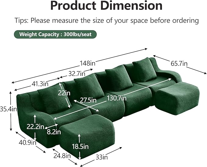 KEIKI 148 U-Shaped Oversized Teddy Modular Sectional Sofa with 2 Ottoman &amp High-Density Foam Cushions &amp Curved Armrest &amp 4 Pillows Streamlined Design Boneless 4-Seater Couch for Living