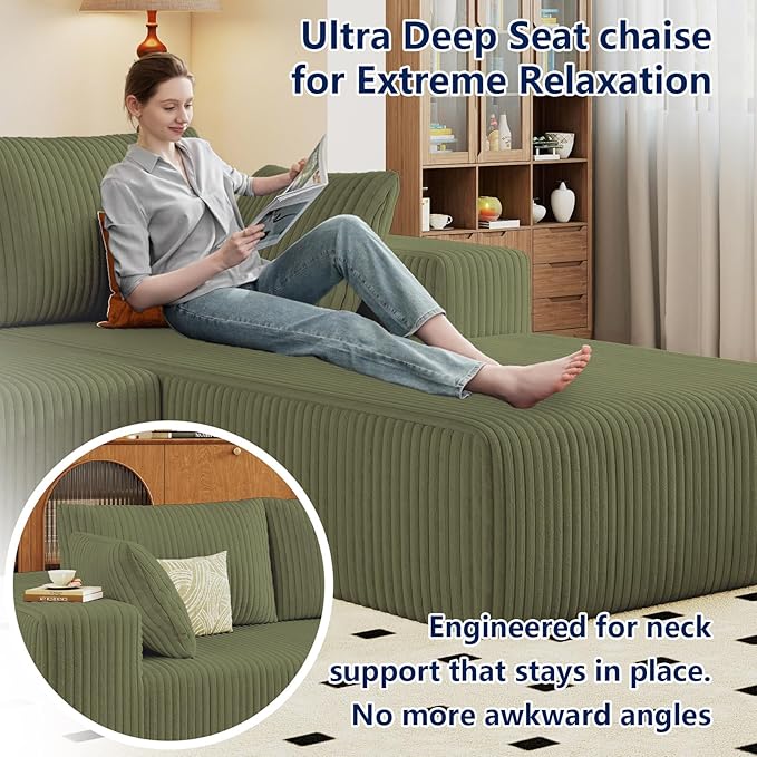 96 Modular Sectional Sofa Modern Corduroy Cloud Couch with Deep Seat Boneless Couch Upholstered 3-Seater L-Shaped Sofa for Living Room No Assembly Required (Green Right-Facing Chaise)