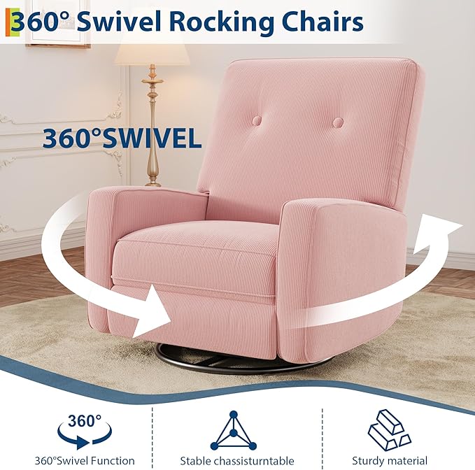 Recliner Chair 360° Swivel Rocking Glider Chair for Adults with Adjustable Backrest &amp Footrest Cozy Corduroy Upholstered Armchair for Living Rooms Bedrooms Apartments Pink
