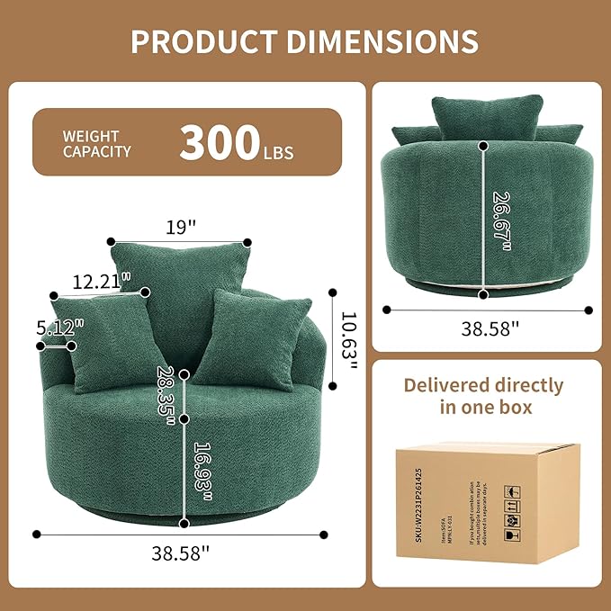 40” Greeen Round Swivel Chair with 3 Pillows &amp Thick Cushion Oversized 360° Swivel Accent Chair Modern Boucle Armchair for Nursery Living Room Bedroom Club