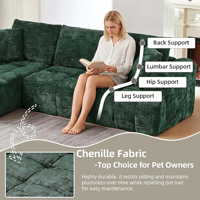 110 Inch Cloud Sectional CouchModern Upholstered Sofa with Deep SeatChenille Boneless Couches with L-Shape ChaiseSponge Compressed Couches for Living Room (Dark Green Left Facing Chaise)