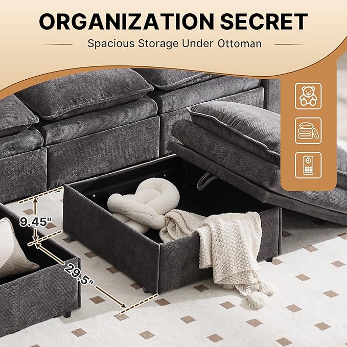 130 Modular Sectional Sofa U Shaped with Storage Chenille Cloud Couch for Small Spaces Living Room Apartment Comfy Deep Seat with Reversible Ottoman (6 Seats Grey)