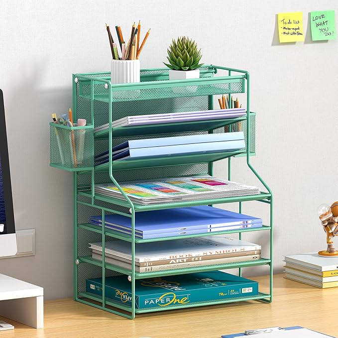 7 Tier Desk File OrganizerMetal Document Holder with Adjustable Shelves Pull-Out Drawer &amp Removable Pen Holder for Office OrganizationGreen