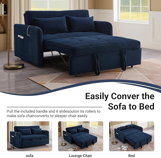 55.5 Corduroy Convertible Sofa Bed Pull Out Sleeper Sofa Bed Loveseat Couch with USB Charging Ports 3 in 1 Convertible Sleeper Sofa Bed for Living Room Apartment Bedroom RV Blue