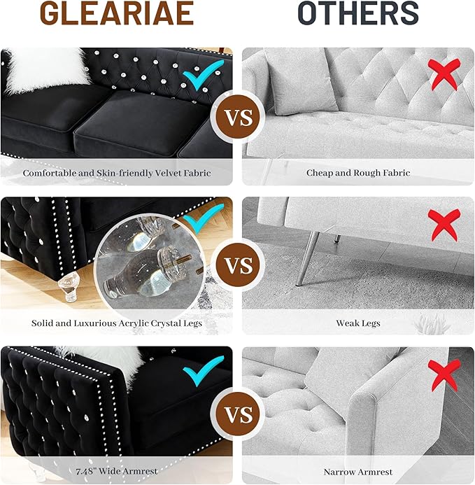 Luxury 3 Seater Sofa Couch with Acrylic Crystal LegsChesterfield 3-Seater SofasModern 83 Diamond Button Tufted 3 Seat Couches with Silver Nailhead Trim for Living Room (Black 3 Seater)