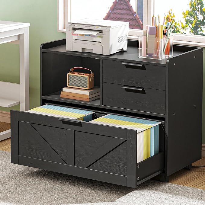HOOBRO Lateral File Cabinet Wooden Office Storage Drawers with Charging Station Filing Cabinet for Home Office A4/Letter/Legal-Sized Files Printer Stand with Open Storage Spaces Black BB37UWJ01
