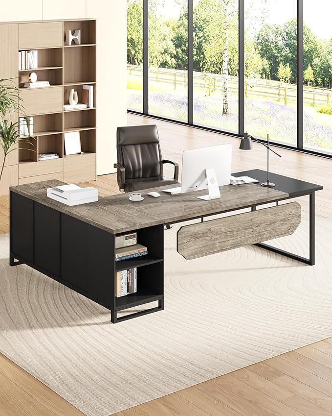 LITTLE TREE 70.8 Inches Executive Desk and 55 Inches File Cabinet Combo Large L Shaped Computer Desk with Storage Cabinet and Shelves Modern Business Furniture for Home Office Grey &amp Black