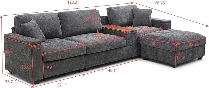 Oversized L-Shaped Modular Sectional Sofa with Storage Armrest Reversible Couch with Movable Ottoman USB Ports Cup Holders 360°Swivel Tray Comfy Cloud Cushions for Living Room or Apartment Gray