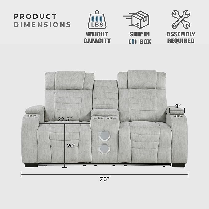Lexicon Wall Hugger Manual Double Reclining Loveseat with Console Microfiber Home Theater Seating with Cup Holders/Hidden Arm Storage/Wireless Speakers/LED Base Lighting for Living Room Light Gray