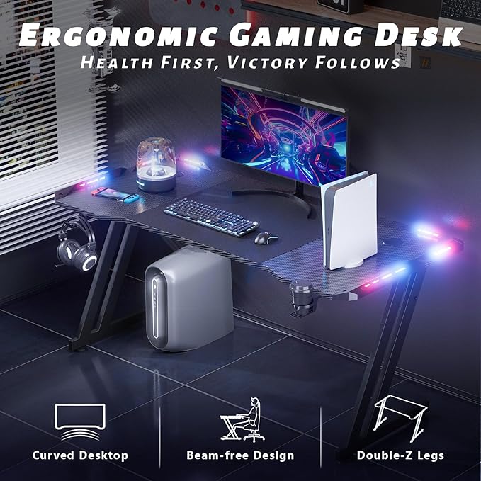 HLDIRECT 55 Inch Gaming Desk with LED Lights Carbon Fibre Surface Gaming Table Large Computer Desk Ergonomic Home Office Desks Z Shaped PC Gamer Workstations with Cup Holder &amp Headphone Hook Black
