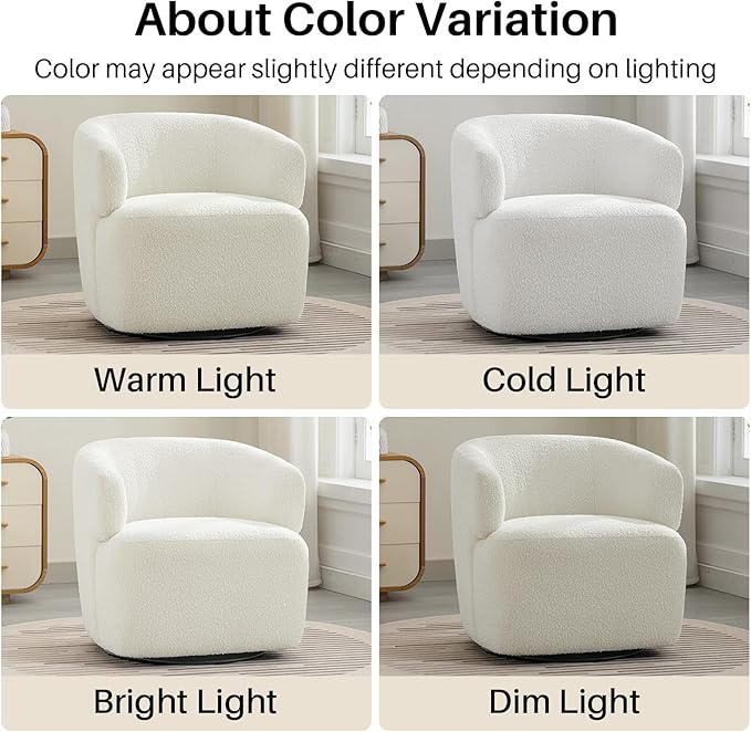 Swivel Accent Chair Sherpa Teddy Barrel Chair for Living Room Cozy Round Boucle Arm Chair Metal Base for Club Nursery Bedroom White