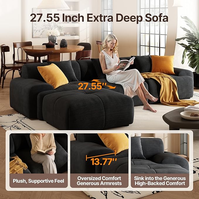113 Modern L-Shaped Modular Sectional Sofa for Living Room Corduroy Upholstery Black 3-Seater Cloud Couchand Movable Ottoman – No Assembly Black