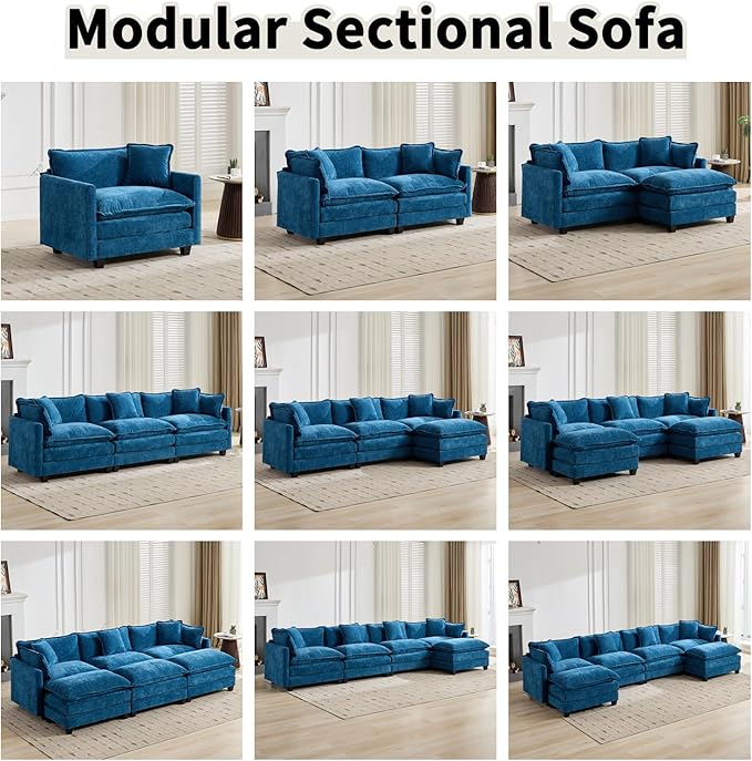 146.5 L Shaped Couch Modular Sectional Sofa Comfy Chenille Cloud Couch with Movable Ottoman and Pillow Modern 4-Seater Deep Seat Sofa for Living Room (BlueL Shaped Sofa)