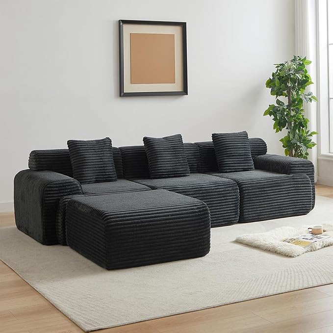 114-inch Oversized Modular Sectional Sofa Fluffy Boneless Compressed Memory Foam Corduroy Couch Comfy Modern L Shaped Couches with Ottoman &amp Pillows for Living Room Apartment Bedroom Black