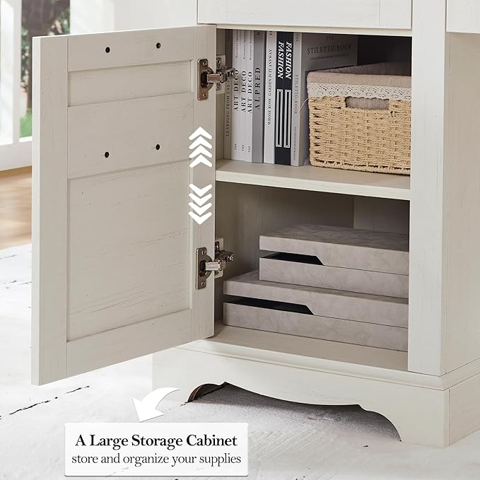 RedLemon 60 Farmhouse Executive Desk Home Office Desk with Drawers Charging Station Keyboard Tray File Drawer Storage Cabinet Wood Rustic Computer Writing Desk (Antique White)