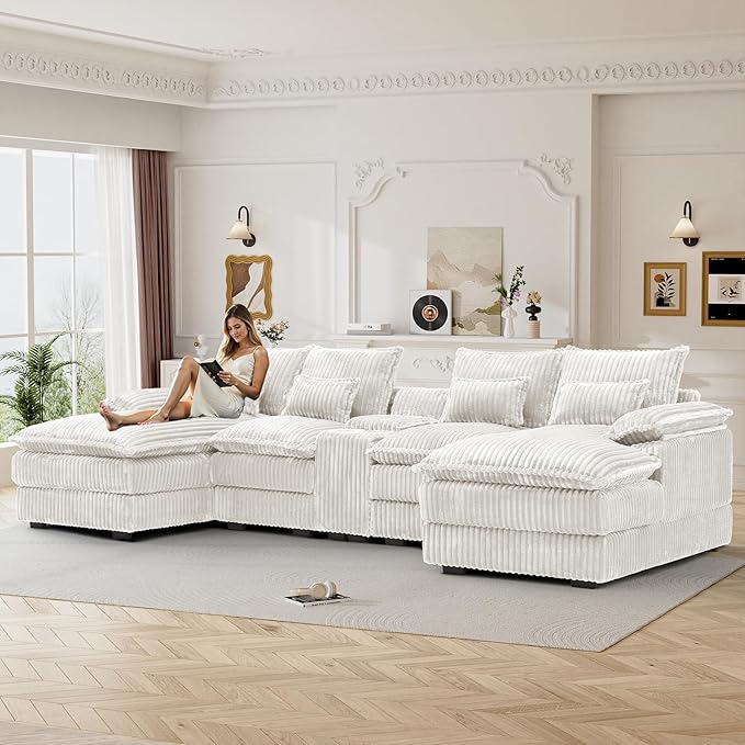 124 Cloud Couch Sectional U Shaped White Sectional Couches for Living Room Plush Soft Comfy Fluffy Corduroy Couch Sectionals Modular Sectional Sofa with Chaise &amp Central Console