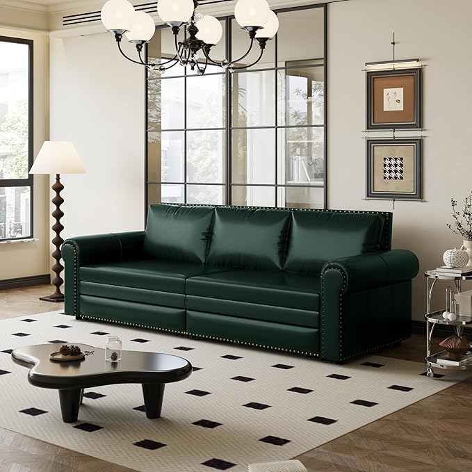 93.7 King Pull Out Sofa Bed Faux Leather Sleeper Sofa Couch 3 in 1 Convertible Futon Couches for Living Room Small Space Apartment Office Bedroom Modern Rivet Armrest Green