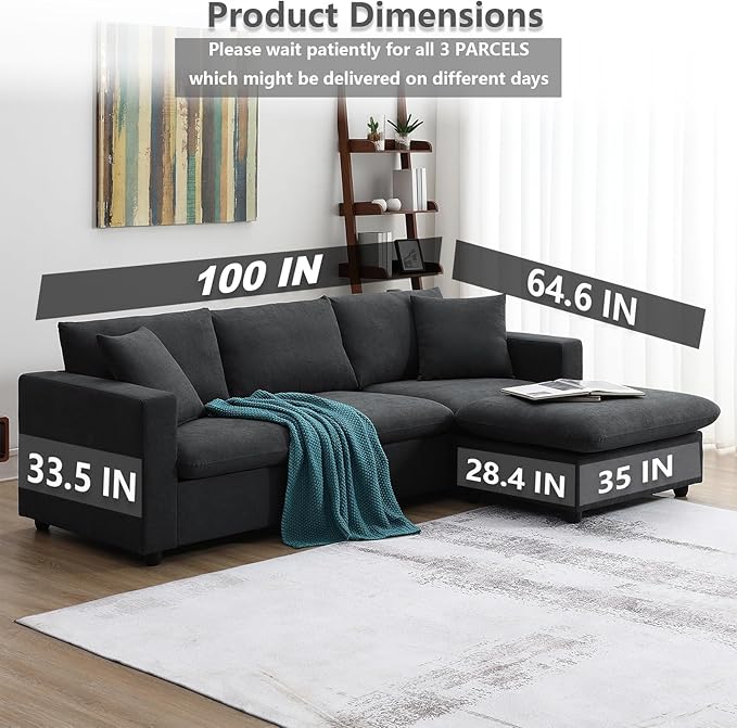 Modular Sectional Sofa for Living Room Modern L Shaped Cloud Couch with Ottoman Small Sectional Couch with Chaise Comfy 3 Seater Sofa for Small Spaces Apartment Black