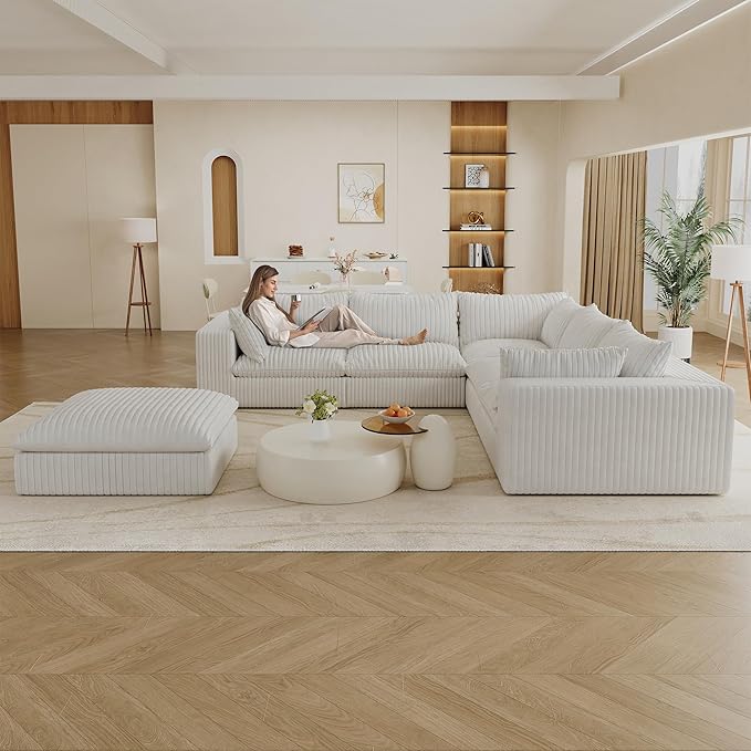 118.2 Modern V Shaped Corner Sofa Comfy Modular Sectional Cloud Couch with Plush Corduroy Fabric Deep Seat Upholstered Sofa Boneless Couches for Living Room No Assembly (White + Ottoman)