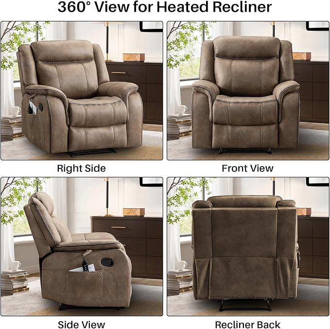 Massage Recliner Chair with Heat Faux Leather Recliner Chairs for Adults 39 Wide Manual Reclining Ergonomic Lounge Chair Overstuffed Wall Hugger Recliners for Living Room Nut Brown