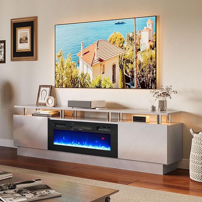 80 TV Stand &amp Entertainment Center Media Console with Storage Cabinet Fits TVs up to 90 Modern Living Room Furniture 36 Electric Fireplace (Grey+Black)