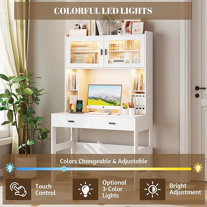 Vlsrka Home Office Desk with Hutch and Drawers 40 Computer Desk with Storage Shelves and LED Lights Modern Wooden Writing Study Table with Charging Station for Bedroom White