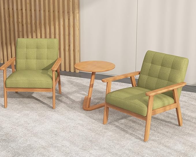 Modern Accent Chair with Wooden Table Upholstered Linen Fabric Leisure Side Chair with Arm Rest and Wooden Frame for Living Room Bedroom Reading (Green)