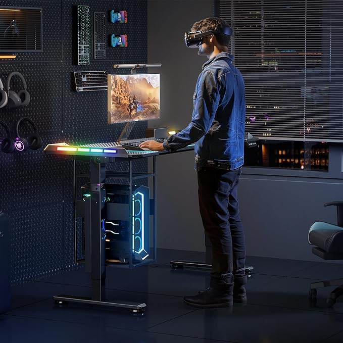 Gaming Standing Desk with LED Lights &amp Host Shelf 55 x 24 Gaming Table with Music Sensing APP Control Underdesk Cable Storage Electric Standing Desk Black Carbon Fiber PC Table for Home Offic